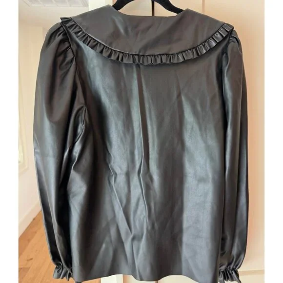 Molly Bracken Premium Faux Leather Puff Sleeve Ruffle Collar Blouse | M - Picture 7 of 7